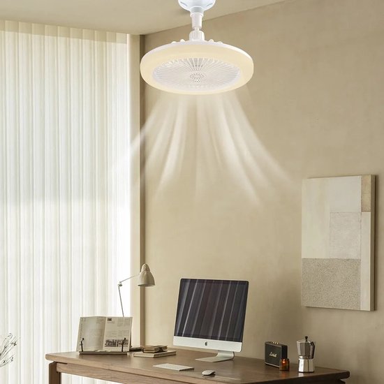 Ceiling fan with light, for screwing into any lamp socket, with remote control