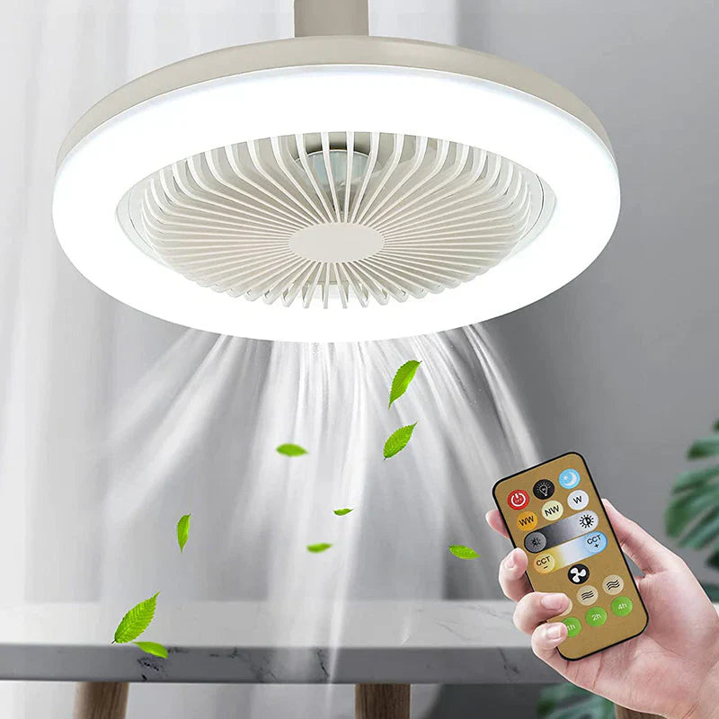 Ceiling fan with light, for screwing into any lamp socket, with remote control