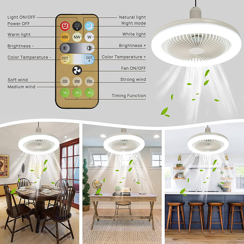 Ceiling fan with light, for screwing into any lamp socket, with remote control