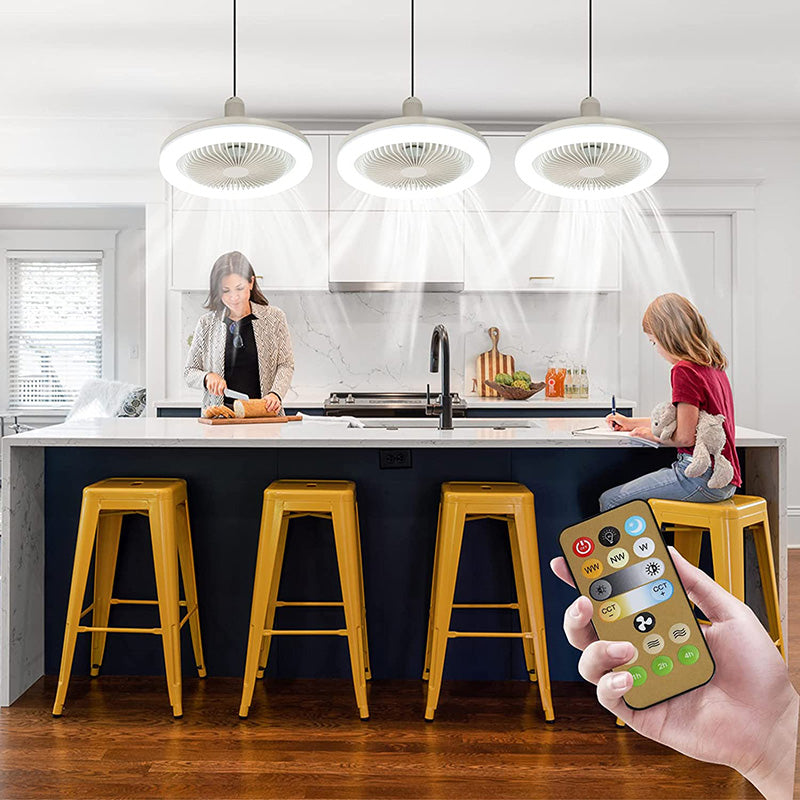 Ceiling fan with light, for screwing into any lamp socket, with remote control