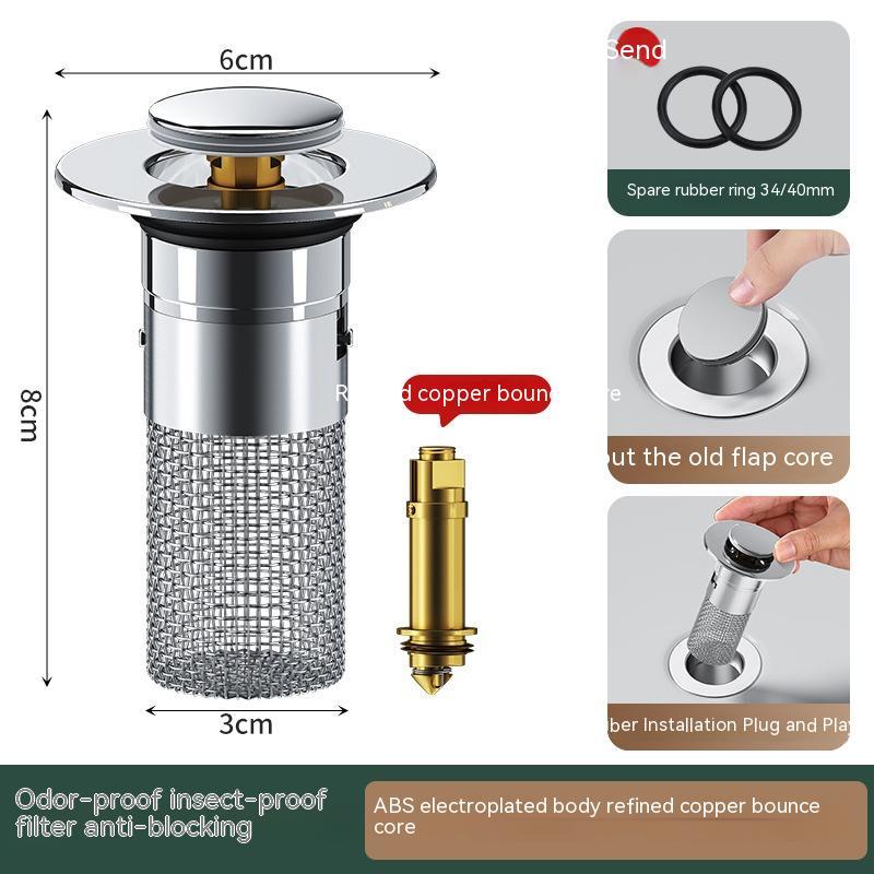 Sink drainer with push function - anti-blocking, deodorant & filter